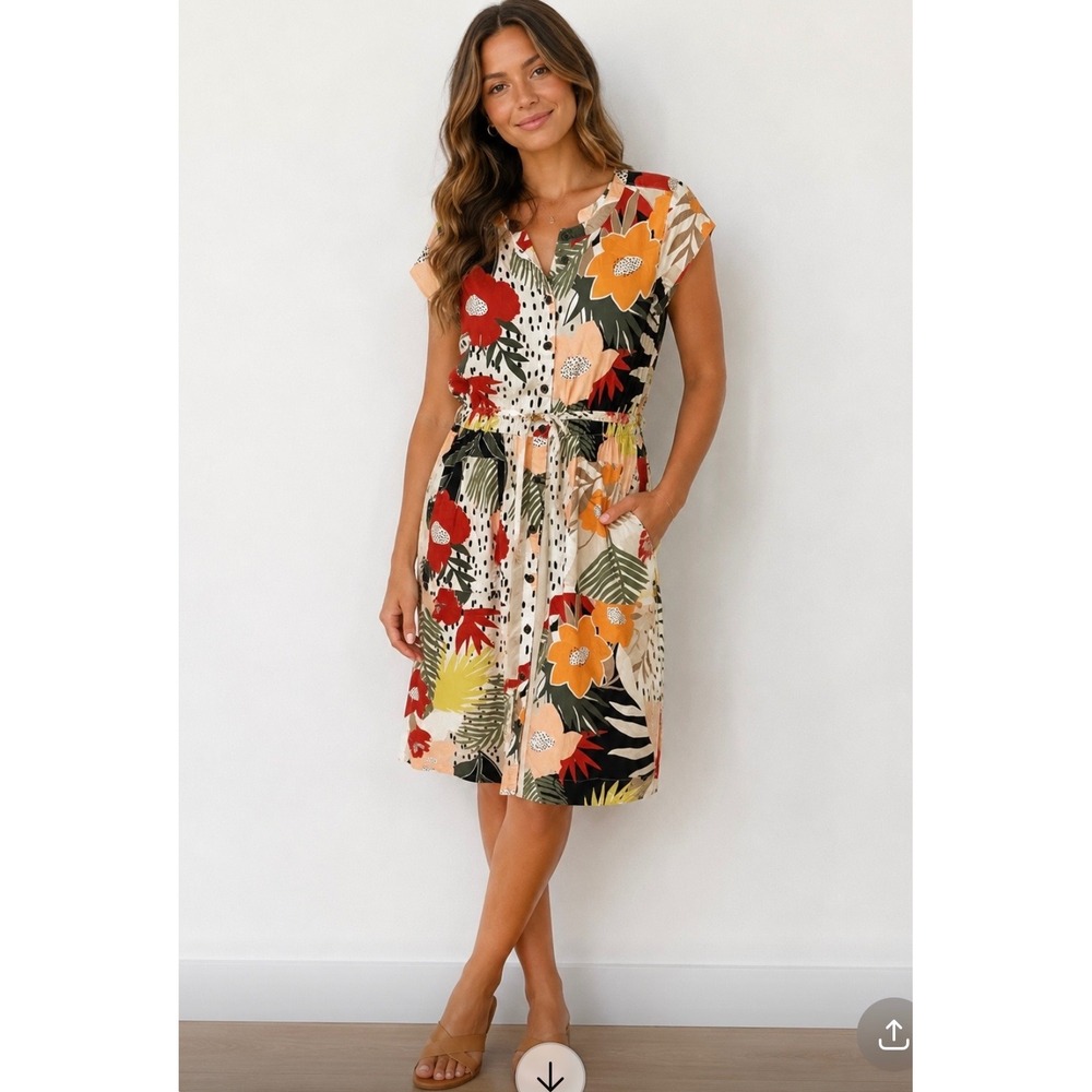 LOFT  Floral Button Front Midi Dress Elastic Waist Pockets Multicolor 2P